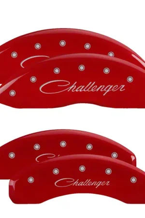 Popular MGP Brake Caliper Covers with Cursive Challenger Logo; Red; Front and Rear