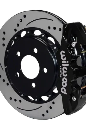 Wilwood AERO4 Rear Big Brake Kit with 14.25-Inch Drilled and Slotted Rotors; Black Calipers Original