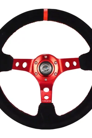 Brand New NRG Innovations Sport 350mm 3-Inch Deep Dish Steering Wheel with Holes; Black Leather with Red Spokes and Center Mark