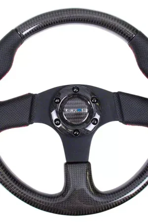 NRG Innovations 315mm Carbon Fiber Steering Wheel; Perforated Leather with Red Stitching Cheap