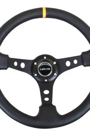 Best Choice NRG Innovations Sport 350mm 3-Inch Deep Dish Steering Wheel with Holes; Black Leather with Yellow Center Mark