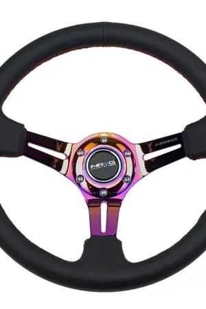NRG Innovations 350mm 3-Inch Deep Dish Steering Wheel; Black Leather with Red Stitching and Neochrome Spokes Fresh Stock