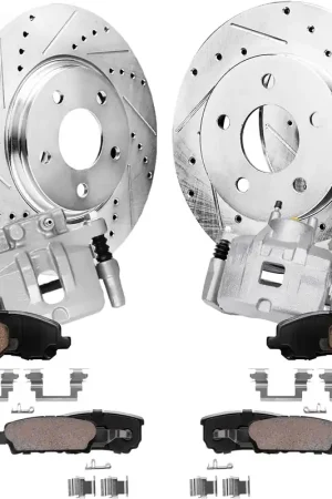 Exclusive Offer 12pc Front & Rear Drilled Slotted Rotors Calipers Ceramic Brake Pads Kit