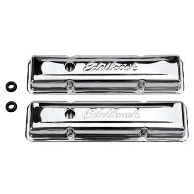 Big Sale Edelbrock Valve Cover Signature Series Chevrolet 1959-1986 262-400 CI V8 Low Chrome - 4449