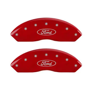 Instant Buy MGP 4 Caliper Covers Engraved Front & Rear Oval logo/Ford Red finish silver ch - 10231SFRDRD