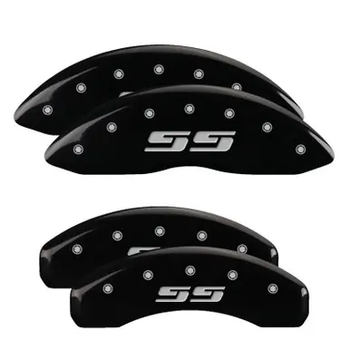 MGP 4 Caliper Covers Engraved Front & Rear Silverado style/SS Black finish silver ch - 14002SSS3BK Crafted
