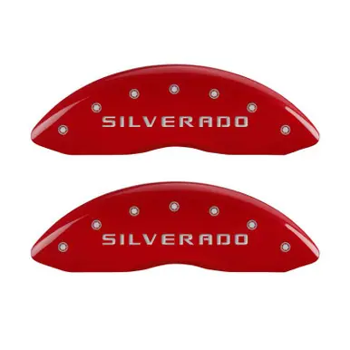 Express Delivery MGP Front set 2 Caliper Covers Engraved Front Silverado Red finish silver ch - 14238FSILRD