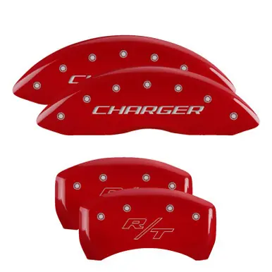 MGP 4 Caliper Covers Engraved Front Charger Engraved Rear RT Red finish silver ch - 12005SCHRRD Worldwide Shipping
